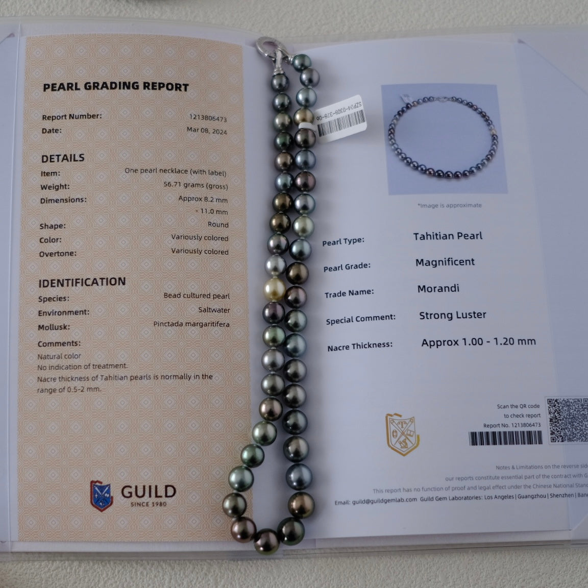 Tahitian Morandi Necklace, 8.2-11mm, Pearl Necklace, GUILD Certificate