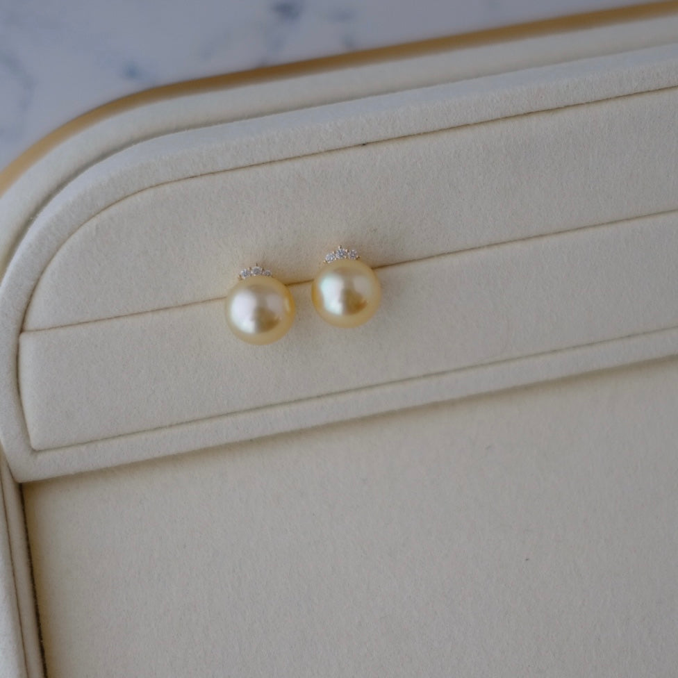 Golden South Sea Pearl, 18K Diamond Earrings, 10.6mm