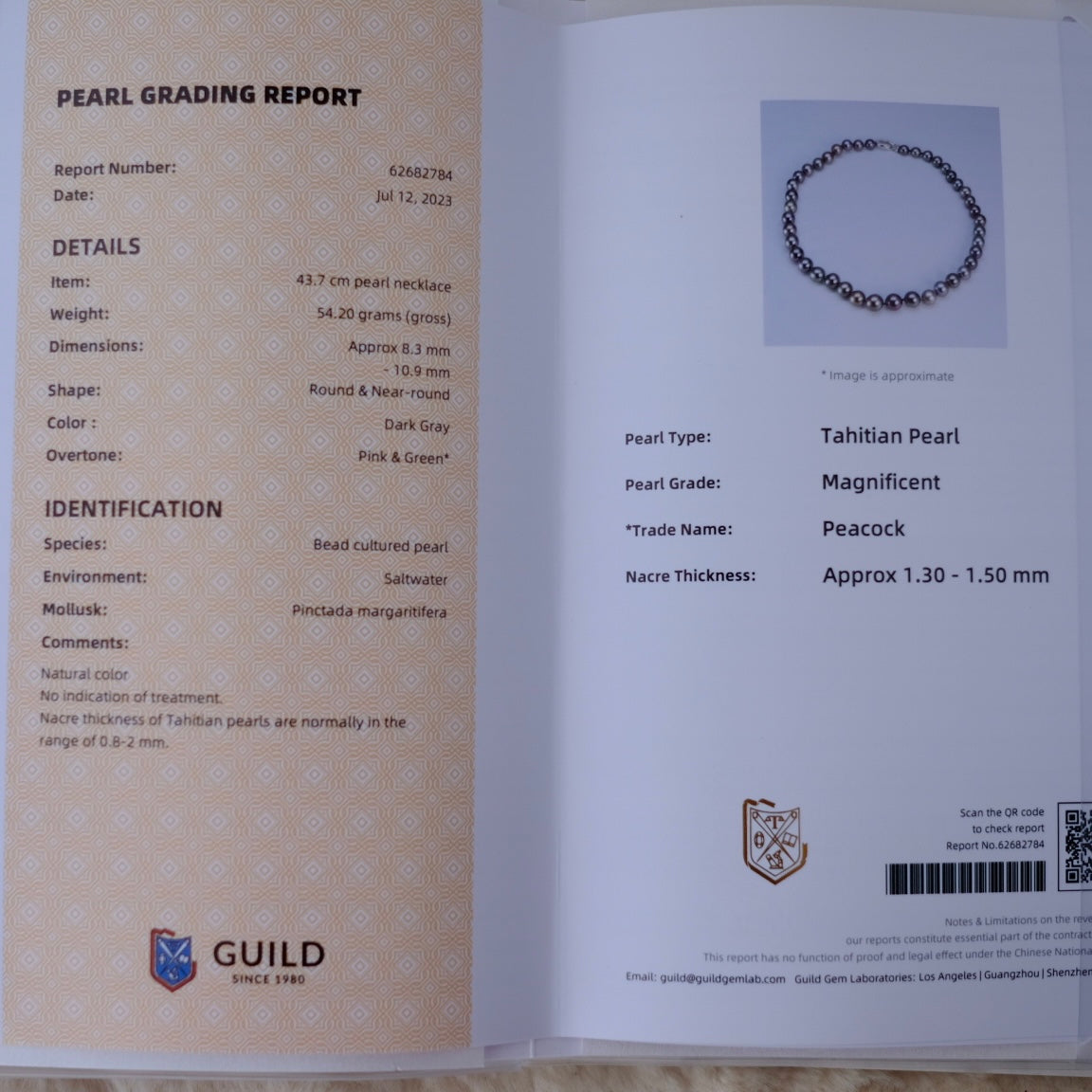 Tahitian Peacock Necklace, 8.3-10.9mm, Pearl Necklace, GUILD Certificate