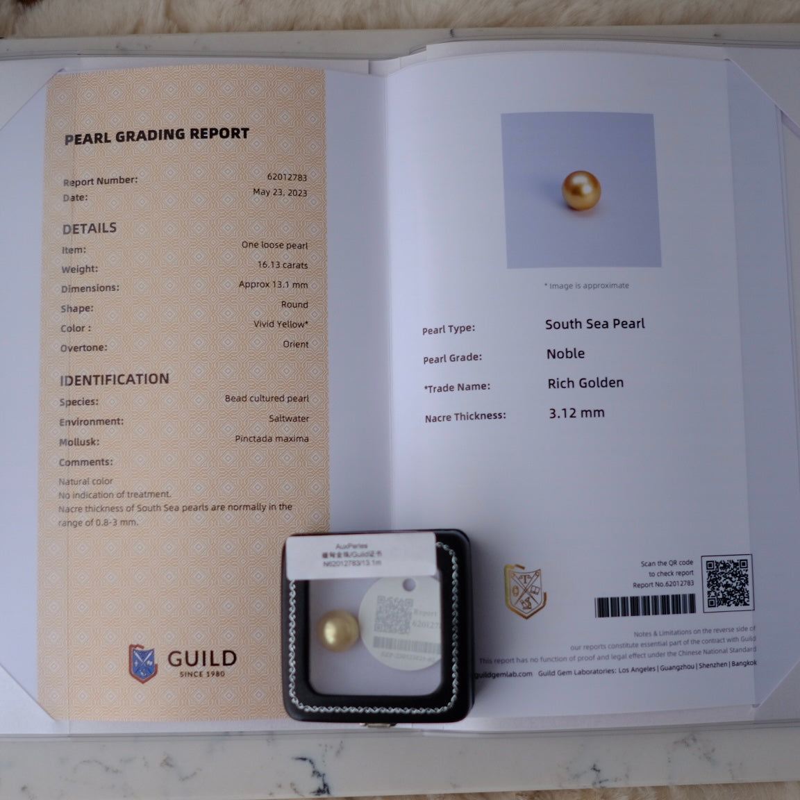 Golden South Sea Pearl, 13.1mm, Loose Pearl, GUILD Certificate