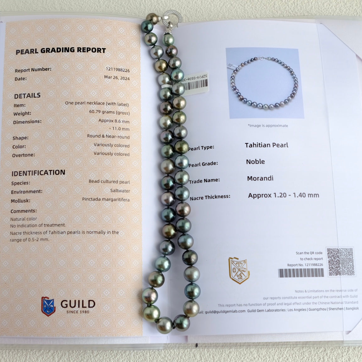 Tahitian Morandi Necklace, 8.6-11mm, Pearl Necklace, GUILD Certificate