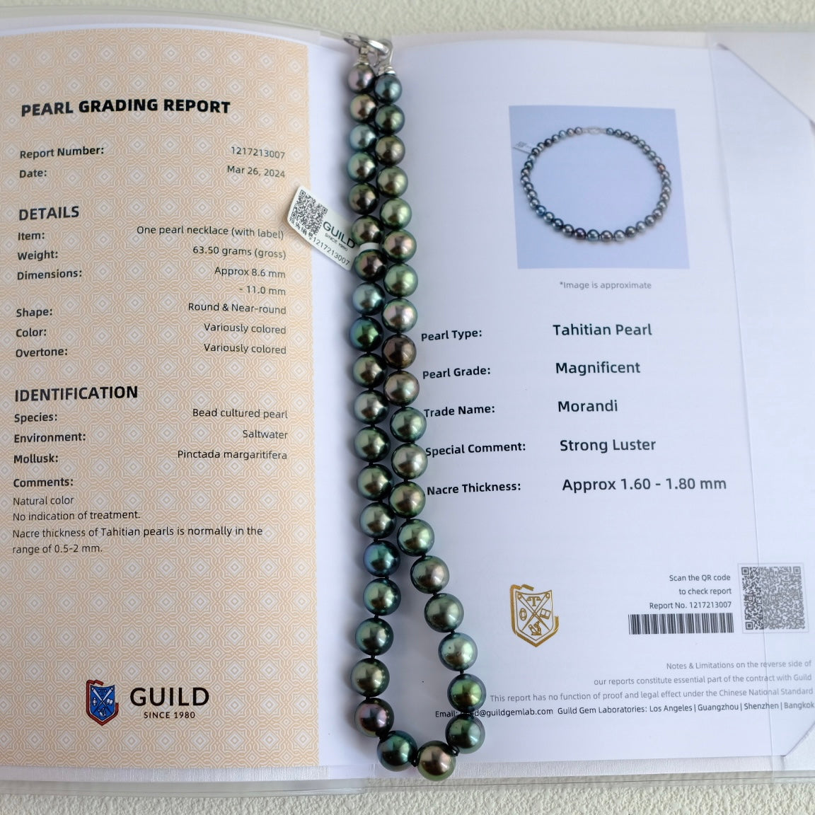 Tahitian Morandi Necklace, 8.6-11.1mm, Pearl Necklace, GUILD Certificate