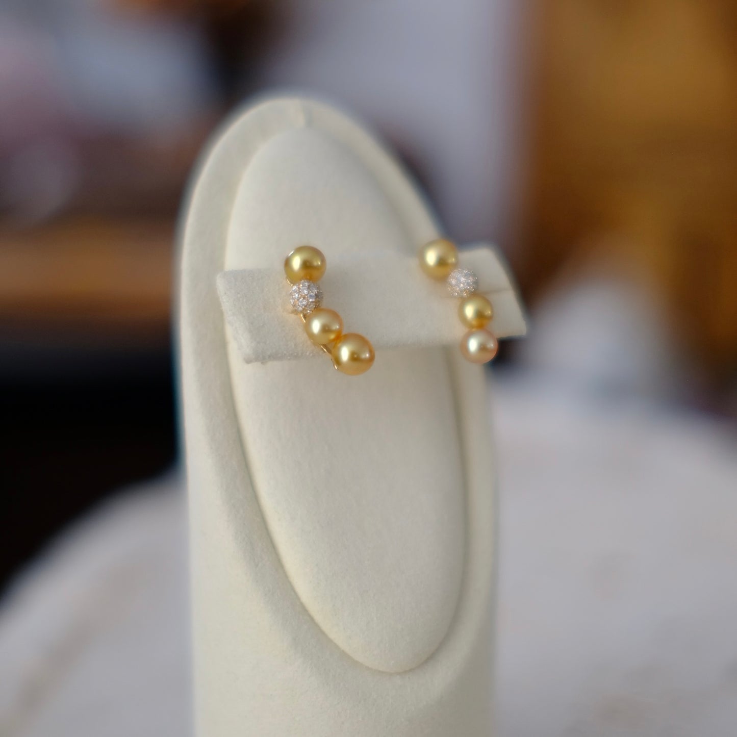 Golden South Sea Pearl, 18K Diamond Earrings, Round Keshi, 4-4.5mm