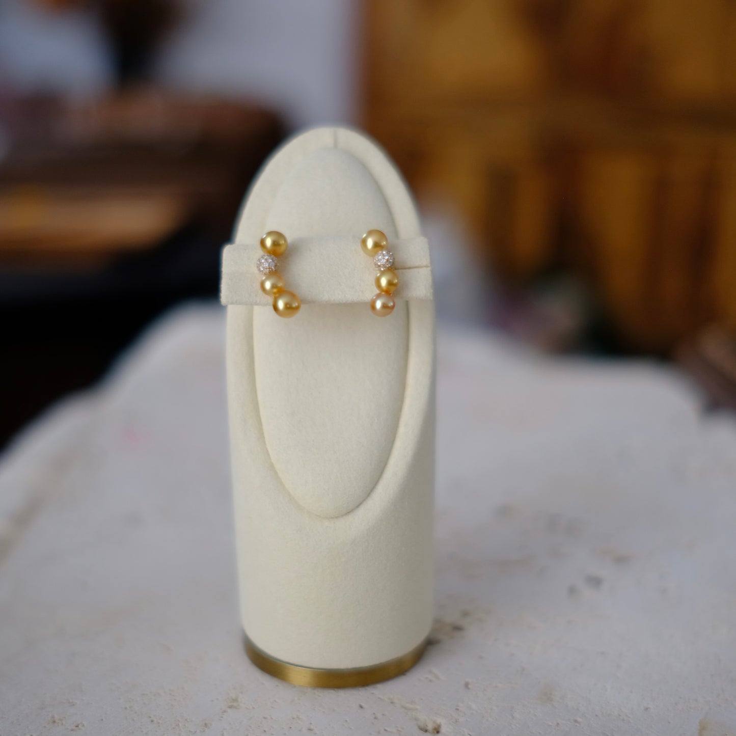 Golden South Sea Pearl, 18K Diamond Earrings, Round Keshi, 4-4.5mm