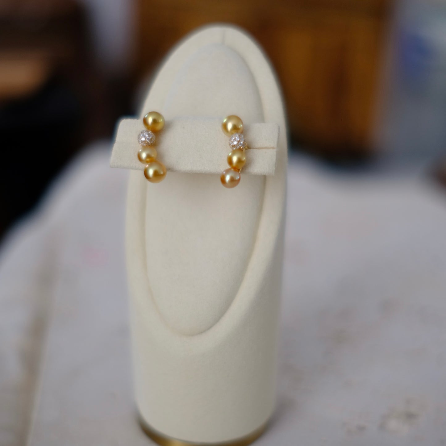 Golden South Sea Pearl, 18K Diamond Earrings, Round Keshi, 4-4.5mm