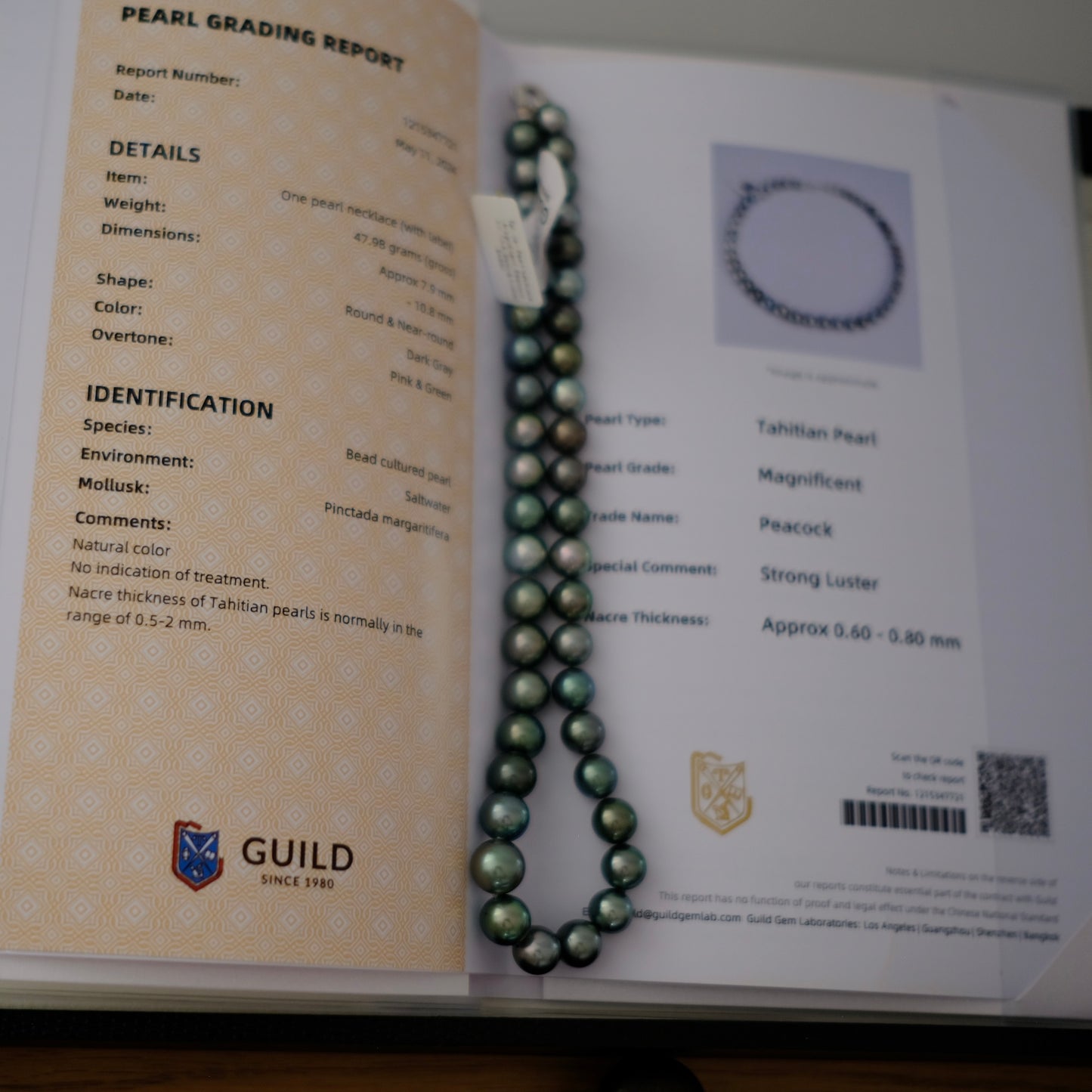 Tahitian Peacook Necklace, 7.9-10.8mm, Pearl Necklace, GUILD Certificate #7721