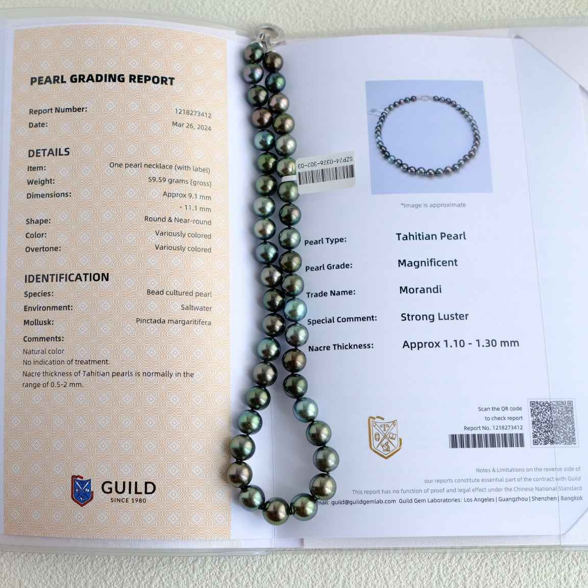 Tahitian Morandi Necklace, 9.1-11.1mm, Pearl Necklace, GUILD Certificate