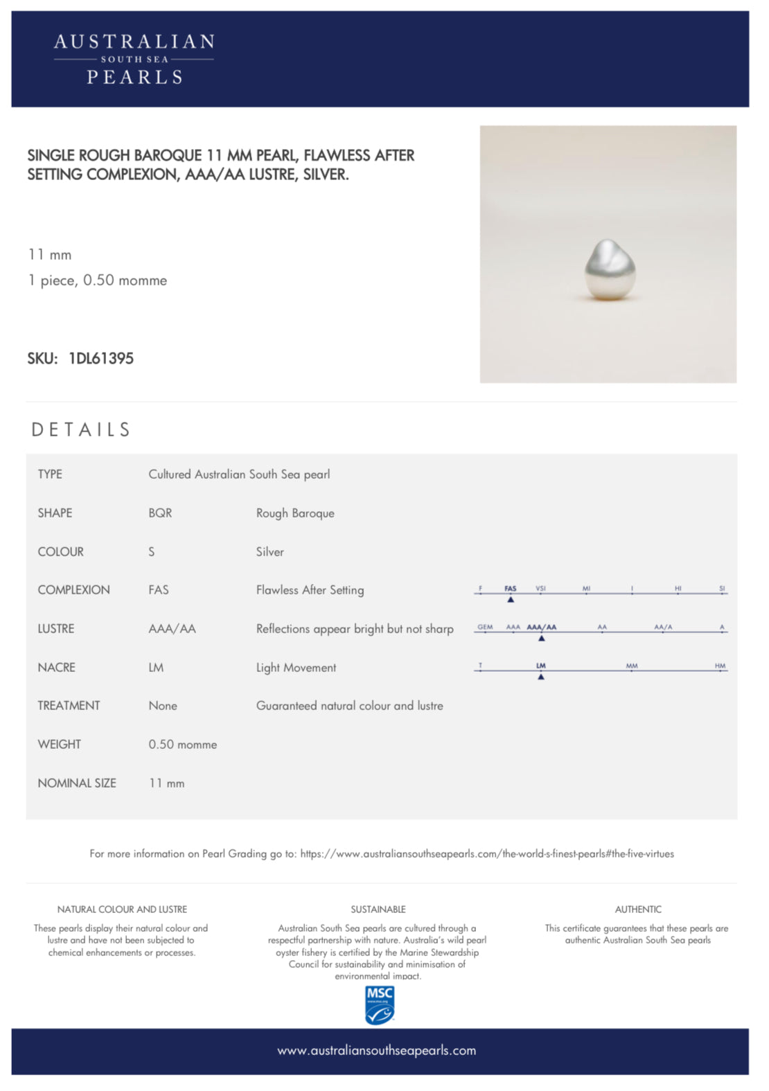 White South Sea Loose Pearl, Single of Rough Baroque 12.5*11.4mm, PASPALEY