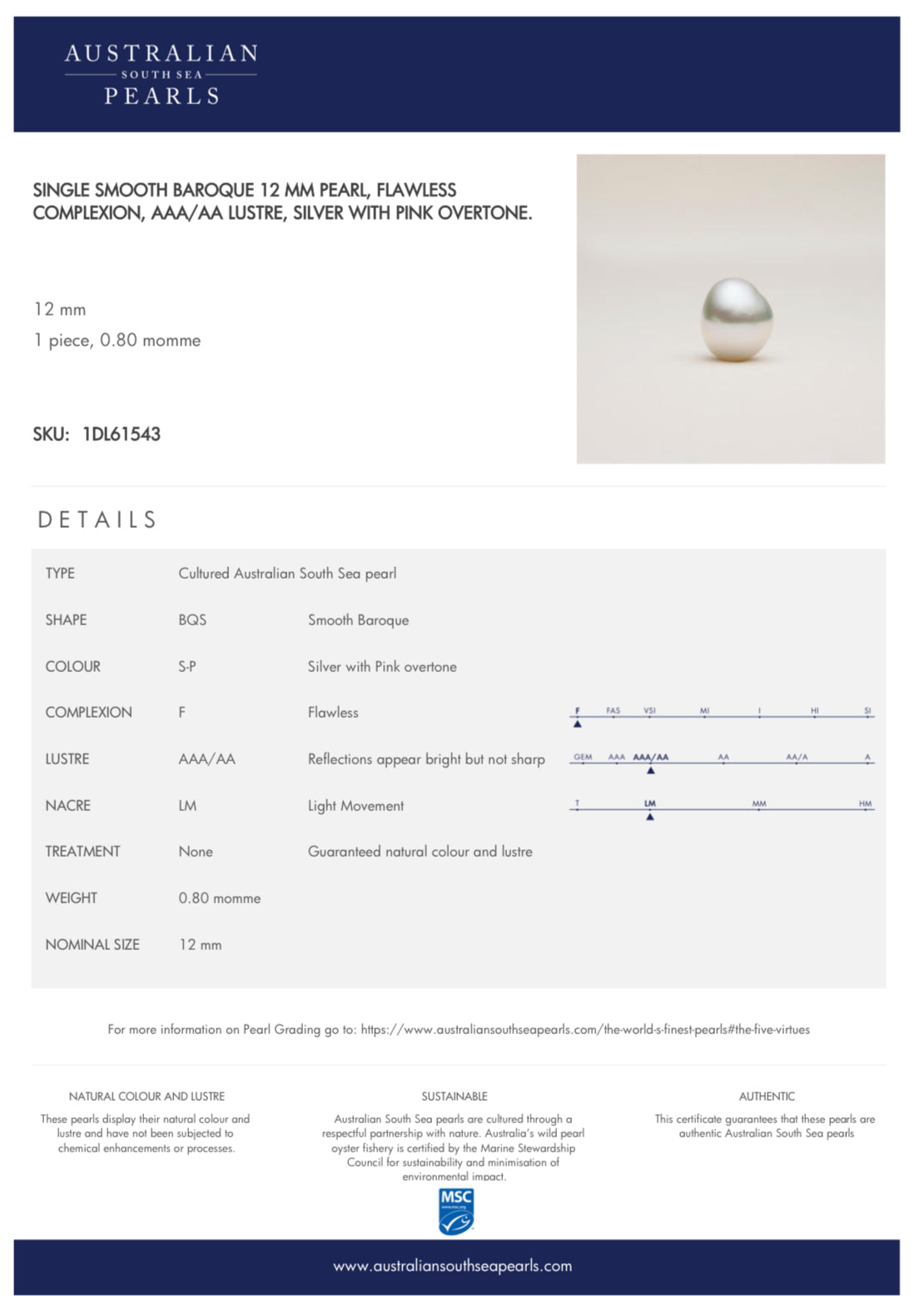 White South Sea Loose Pearl, Single of Smooth Baroque 14.5*12.3mm, PASPALEY