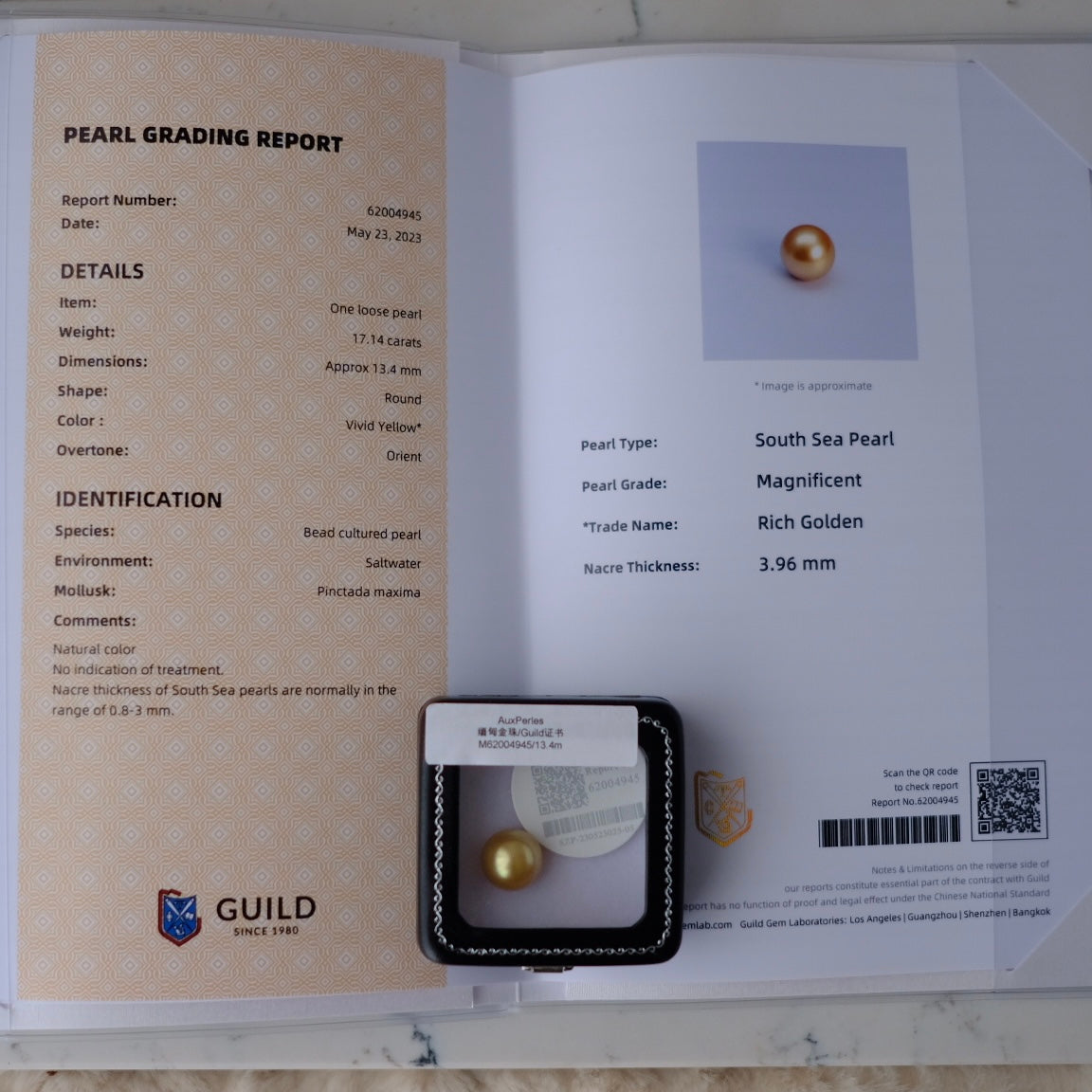 Golden South Sea Pearl, 13.4mm, Loose Pearl, GUILD Certificate