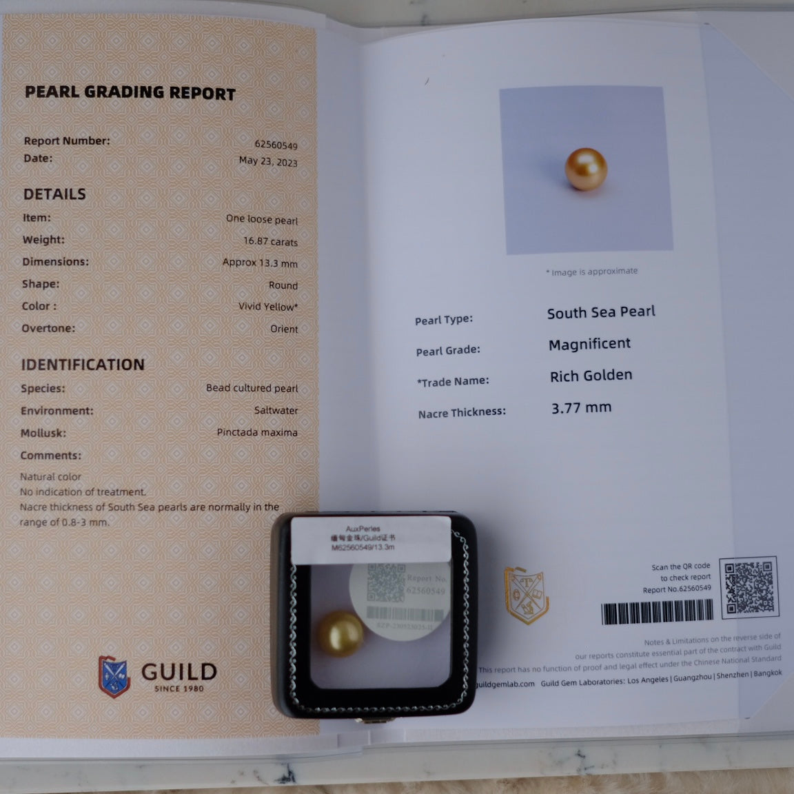 Golden South Sea Pearl, 13.3mm, Loose Pearl, GUILD Certificate