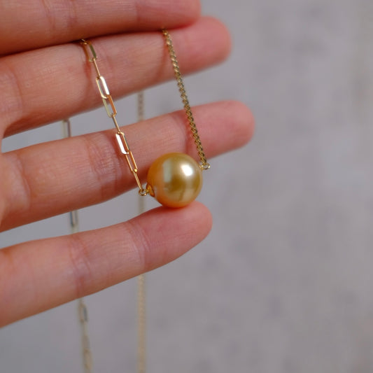 Golden South Sea Pearl, 18K Diamond Necklace, 12.9mm