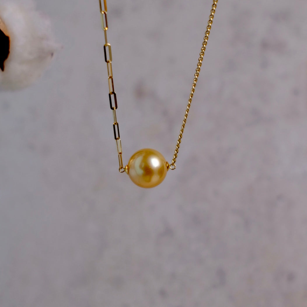 Golden South Sea Pearl, 18K Diamond Necklace, 12.9mm