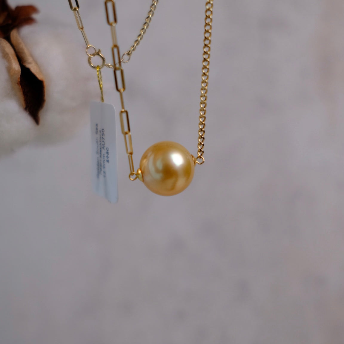 Golden South Sea Pearl, 18K Diamond Necklace, 12.9mm