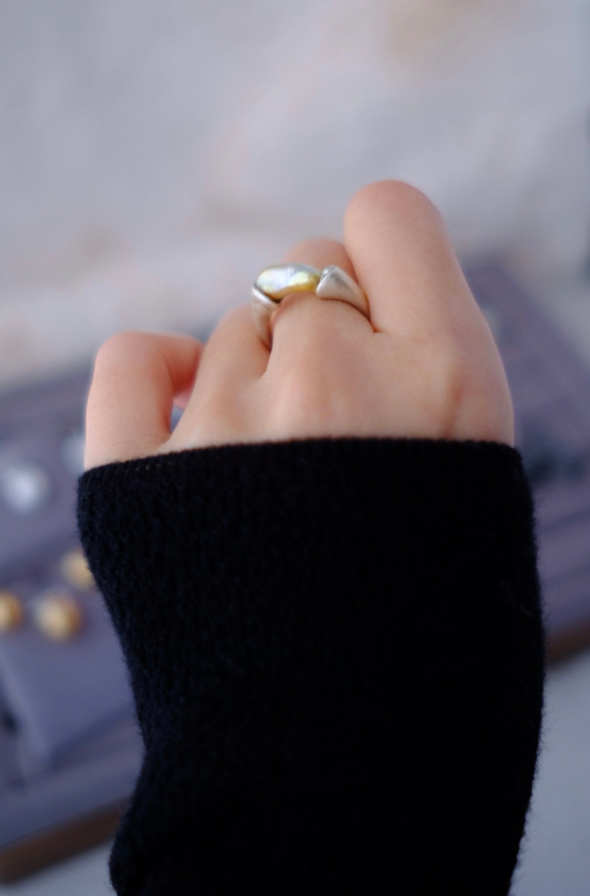 Golden South Sea  Keshi, 5.3*14mm, S925, Pearls Ring