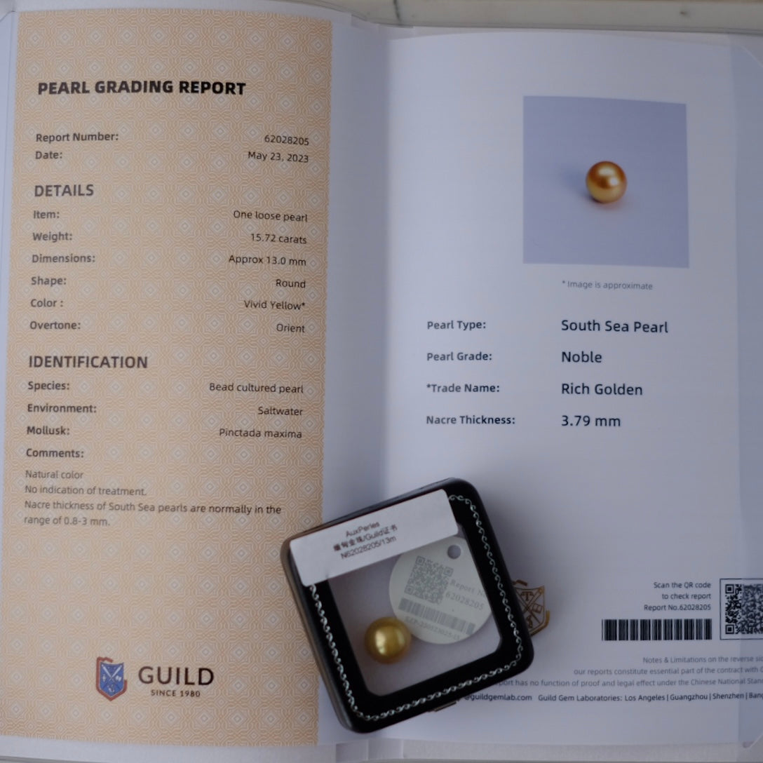 Golden South Sea Pearl, 13mm, Loose Pearl, GUILD Certificate