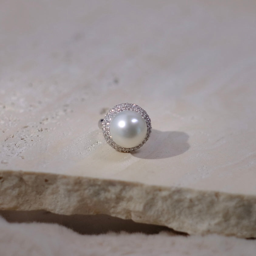 White South Sea Pearl Ring, 14.8mm, Pt900 Diamond, GEM REPORT