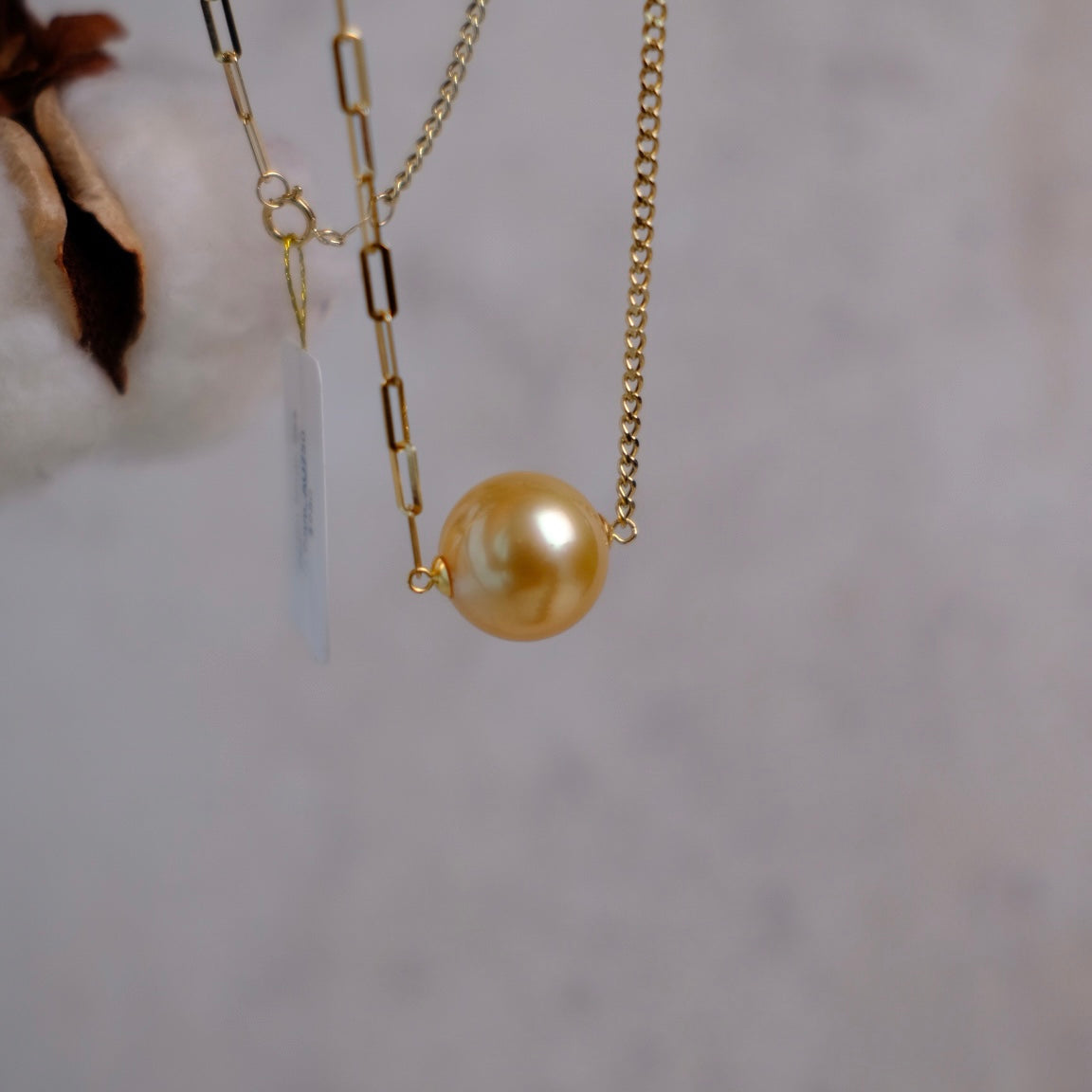 Golden South Sea Pearl, 18K Diamond Necklace, 12.9mm