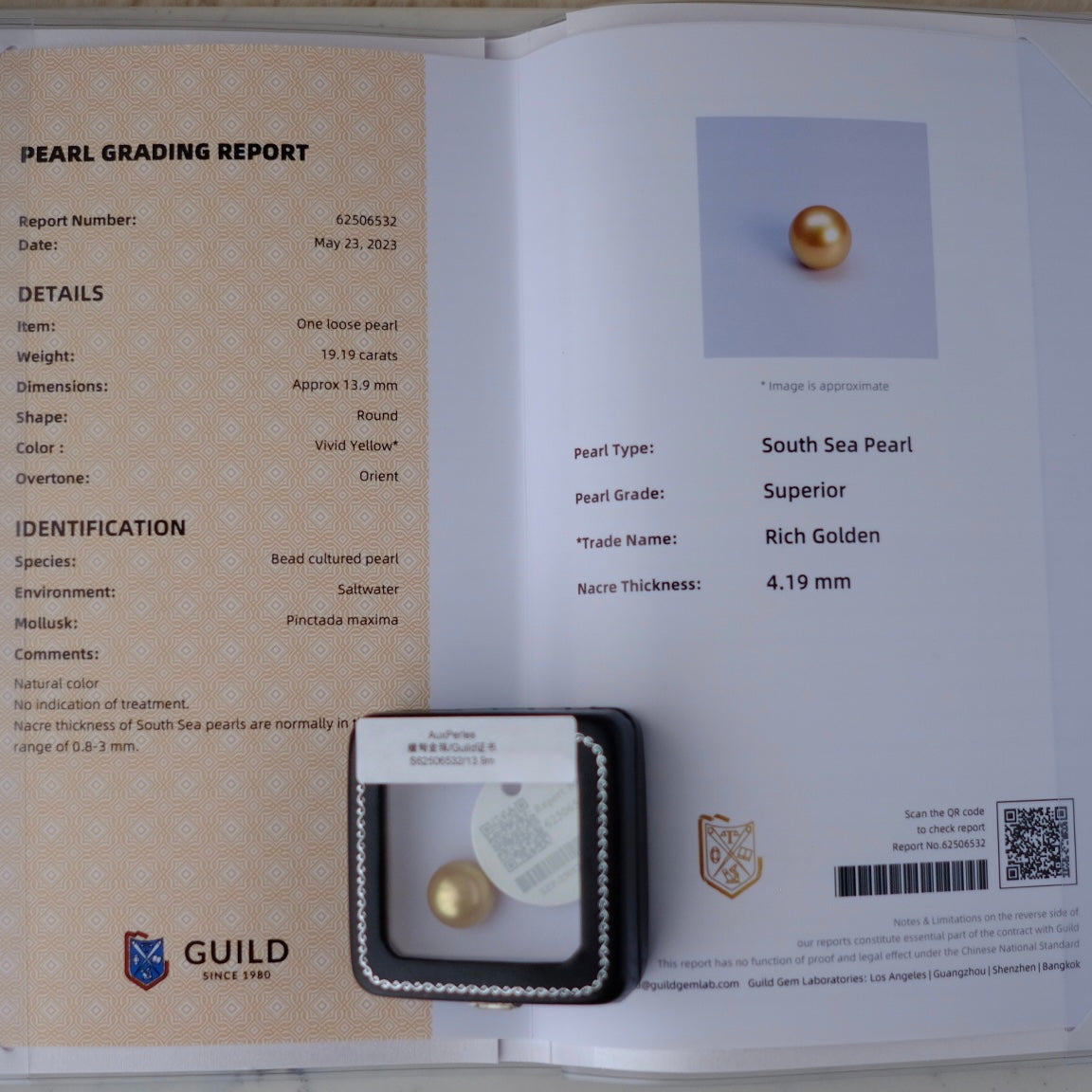 Golden South Sea Pearl, 13.9mm, Loose Pearl, GUILD Certificate