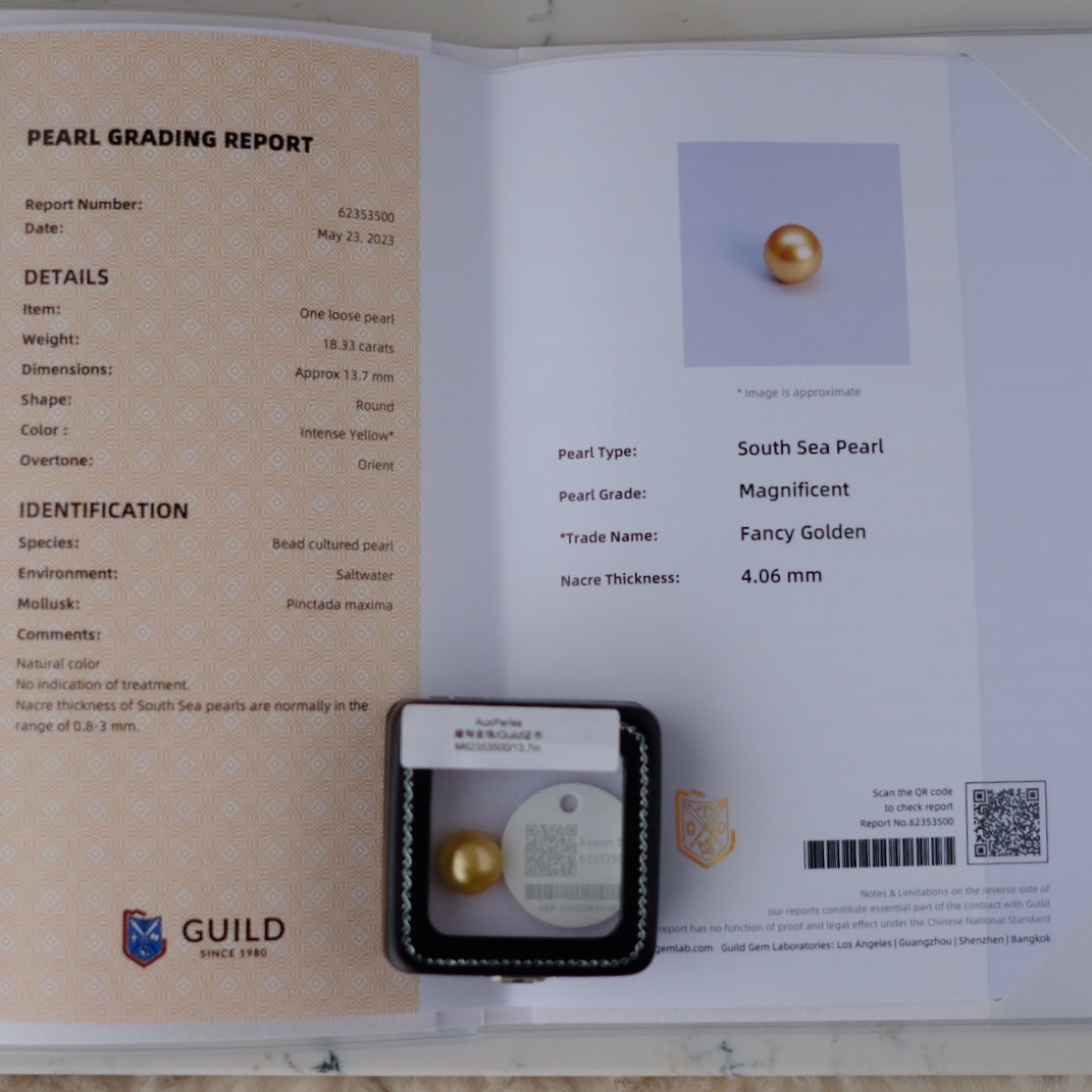 Golden South Sea Pearl, 13.7mm, Loose Pearl, GUILD Certificate