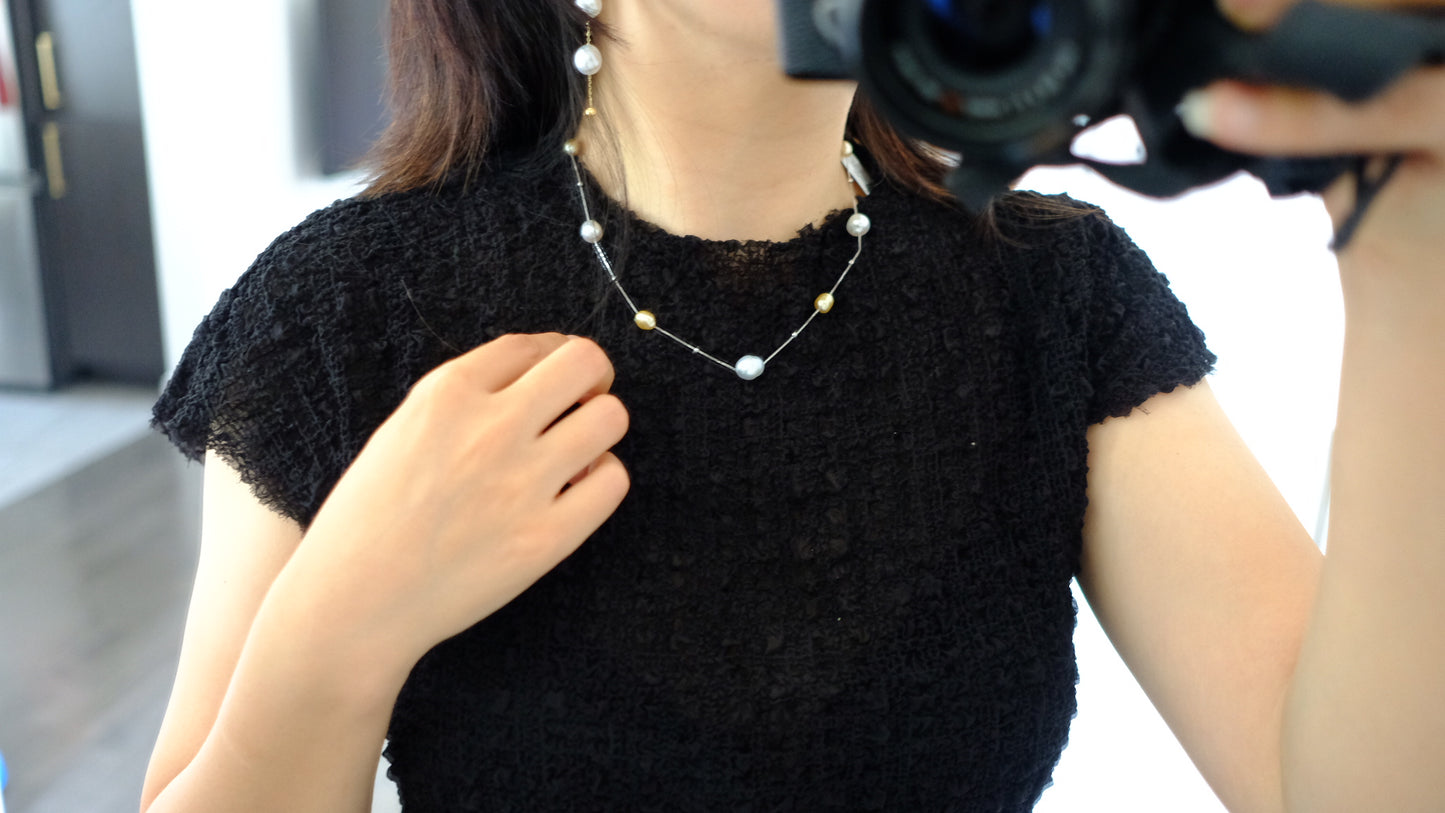 White and Golden South Sea Pearl, 18K Chain, Baroque, 6-9.2mm