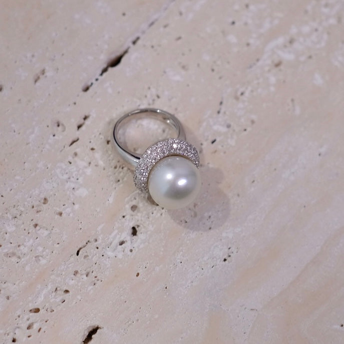 White South Sea Pearl Ring, 14.8mm, Pt900 Diamond, GEM REPORT