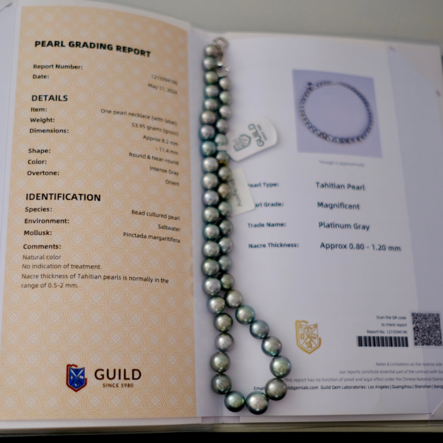 Tahitian Platinum Gray Necklace, 8.2-11.4mm, Pearl Necklace, GUILD Certificate #4190