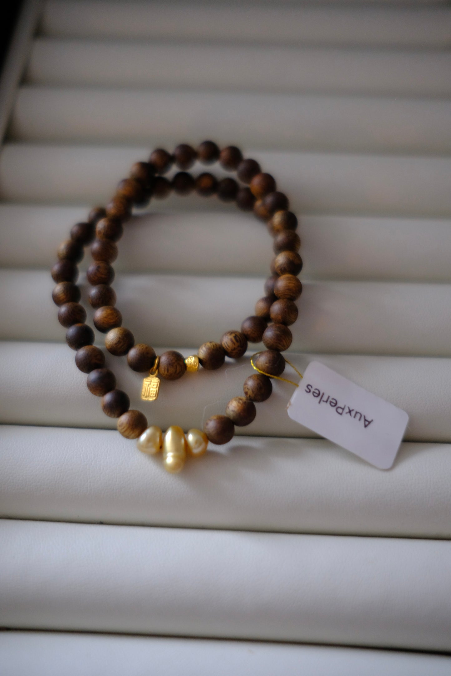 Golden South Sea Pearl Bracelet, Keshi, Qinan Agarwood 5mm, AU999,