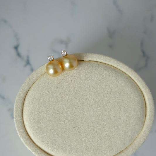 Golden South Sea Pearl, 18K Diamond Earrings, 10mm