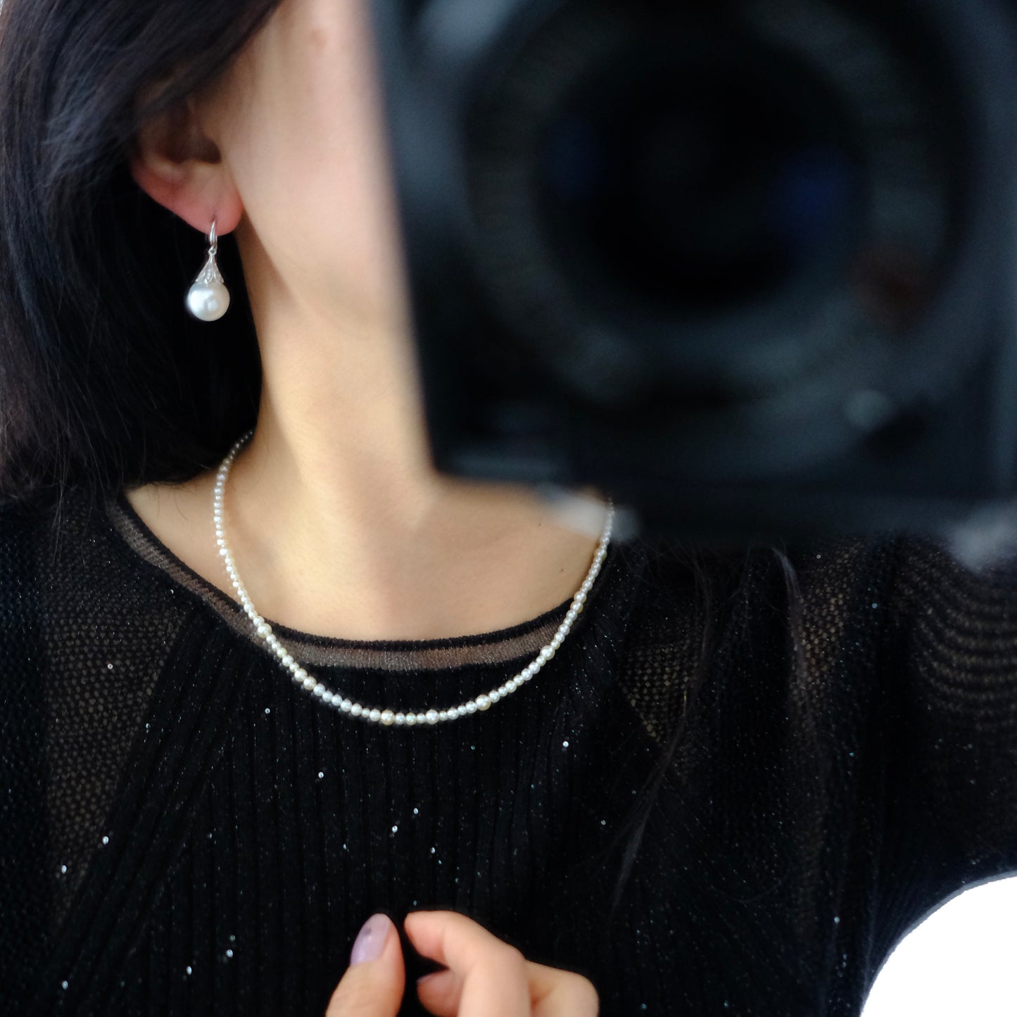 White South Sea Pearl Earrings, 11-12mm, AU750, Diamond