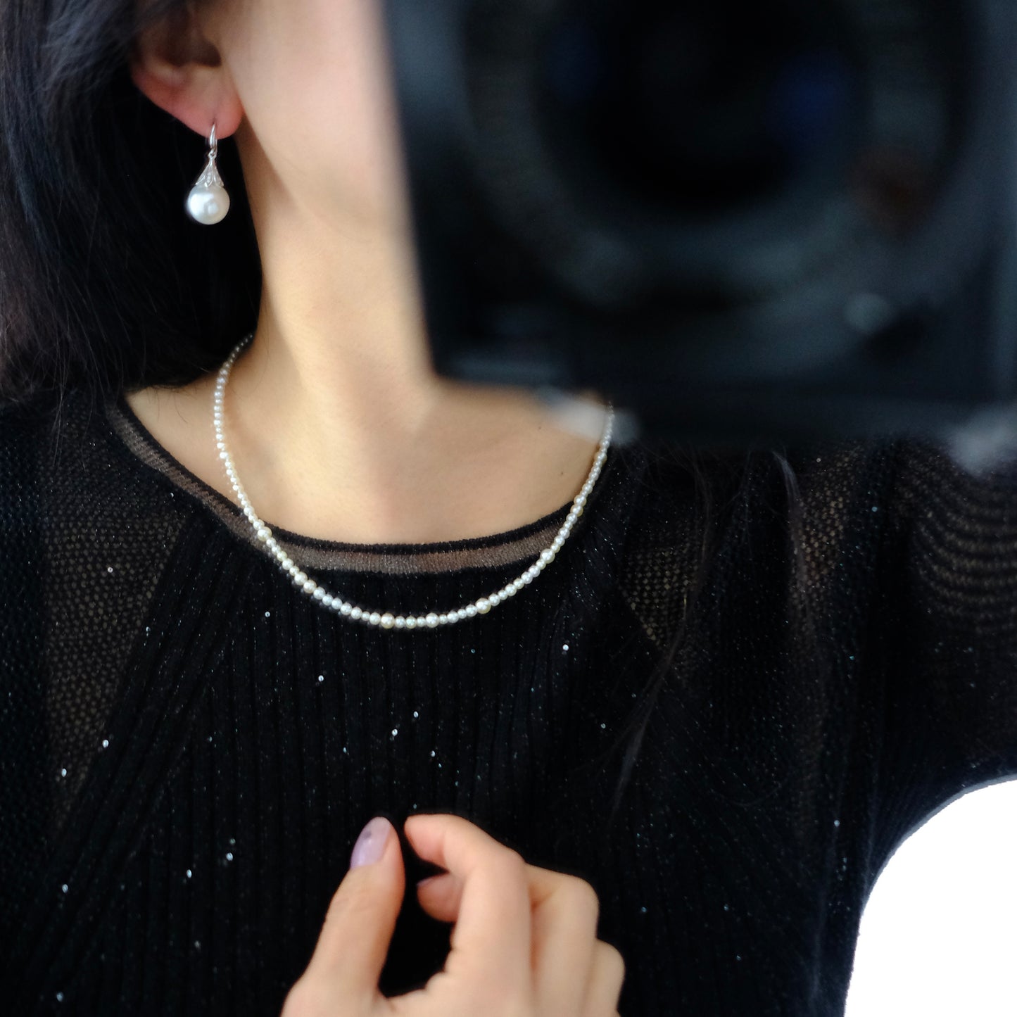 White South Sea Pearl Earrings, 11-12mm, AU750, Diamond