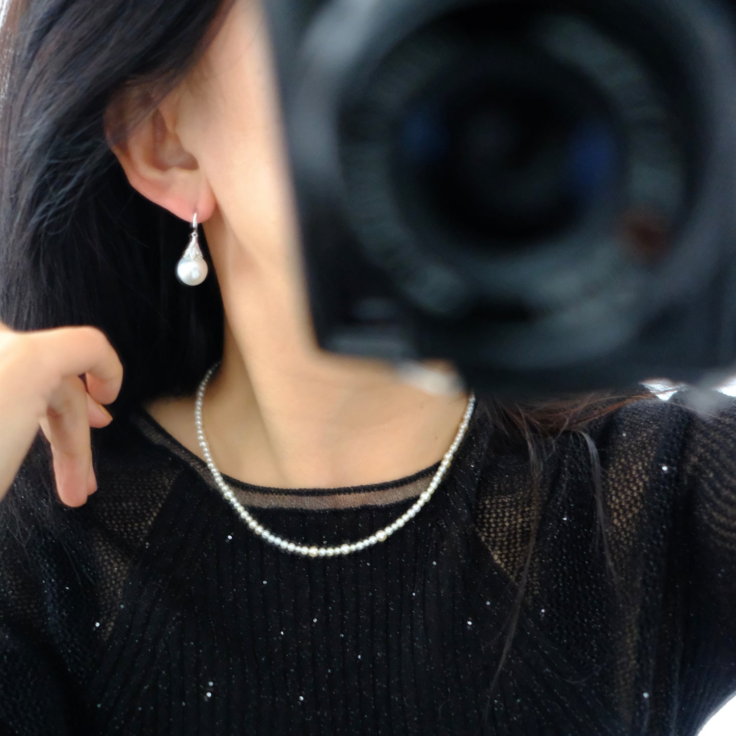White South Sea Pearl Earrings, 11-12mm, AU750, Diamond