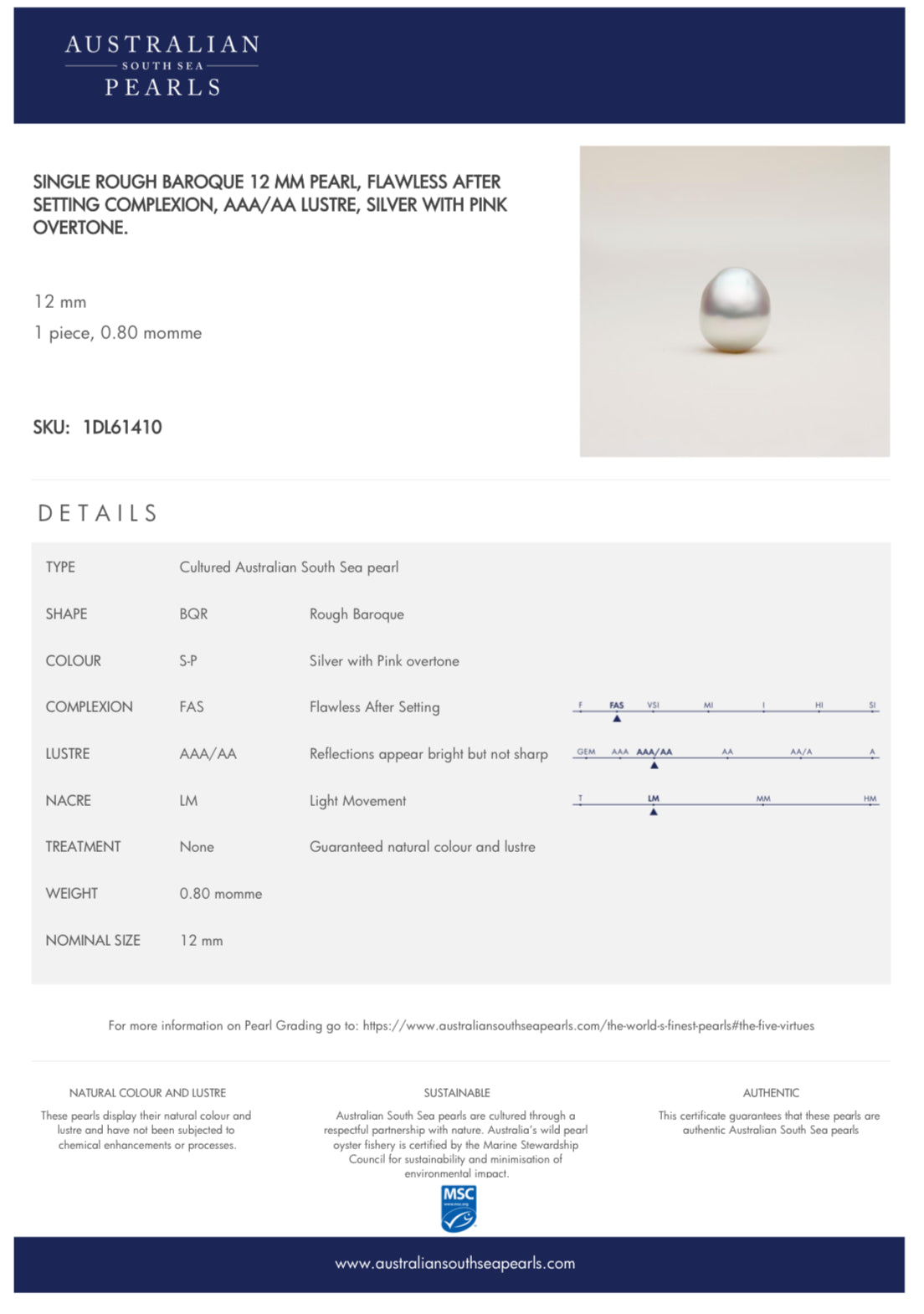 White South Sea Loose Pearl, Single of Rough Baroque 14.2*12.7mm, PASPALEY